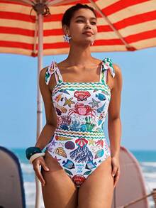 Travachic Women's Starfish & Crab Print One-Piece Swimsuit, Suitable For Beach Vacation, Pool Party, Beach Party - Multicolor - View 6