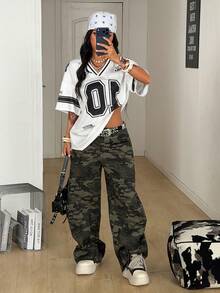 Coolane Women's Summer Streetwear Going Out V-Neck Numeric Print Casual Versatile Daily Wear White T-Shirt White Graphic Crop Top Football Outfit Women 2 Piece Casual Sets Woman Club Outfits For Women - White - View 4