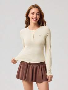 OutZeal Women Sports Tee Yoga Gym Wear Cool Touch Long Sleeve Henley Shirt - Apricot - View 6