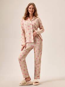 Loomlin Women 2 Pcs Button Front With BEAR&POLKA DOT Pattern Homewear Cute Pajama Set - Multicolor - View 3