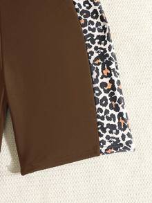 SHEIN Tween Girls Leisure Vacation Swim Summer Beach Black Patchwork Leopard Print Zipper One Piece Swimsuit, Summer Beach - Brown - View 5