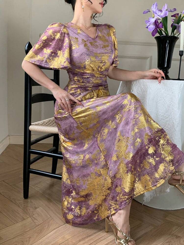 Vintage Purple & Gold Jacquard V-Neck Cinched Waist Long Dress For Women
