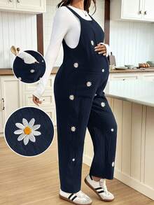 SHEIN Maternity Casual Commuter Daisy Embroidered Jumpsuit - Royal Blue - View 9
