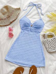 Soleia Đầm mini dáng chữ A gợi cảm, cổ chữ V, đính sao biển kim loại, thắt dây, hở lưng, chất liệu vải dệt họa tiết, thích hợp cho các dịp lễ hội, hẹn hò, tiệc trà chiều, du lịch, lễ hội âm nhạc, phong cách boho. - Màu xanh lam - Xem 6