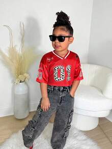 Young Girls' Cute Graphic V-Neck Short T-Shirt, Casual Fashionable Daily Wear - Red - View 3