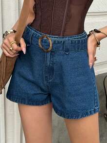 Livesso 女士休闲宽松牛仔短裤，圆环设计 - 藍色 - 查看 6