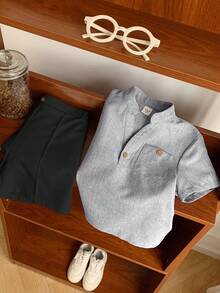 SHEIN LMoss Kids 儿童男童休闲V领短袖衬衫和短裤两件套 - 灰色 - 查看 6