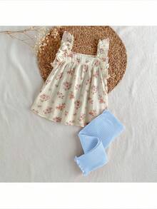 Loomiva 2pcs Baby Girl Ditsy Floral Square Neck Ruffle Top And Elastic Waist Shorts Set, Baby Girl - Blue - View 5