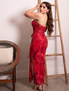 Lupita Cardoza 女士扎染无肩带侧开衩连衣裙，新年服装，长款女装派对装扮 - 紅色 - 查看 2