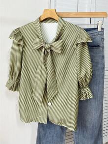 Airaco Women's Striped Tie Collar Single-Breasted Casual Versatile Daily Wear Shirt - Green - View 3