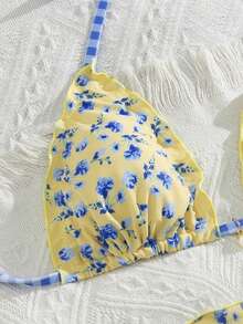 Swim Mod Đầm chiffon xếp ly quyến rũ họa tiết hoa caro đính ngọc trai, kiểu dáng dự tiệc âm nhạc bãi biển dành cho nữ, cổ yếm buộc dây phía sau, bộ bikini ba mảnh. - Nhiều màu - Xem 6