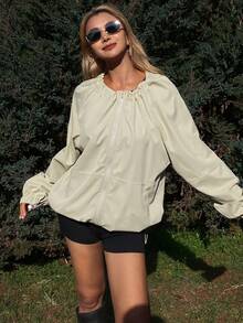 Livesso Women's Loose Fit Raglan Sleeve Round Neck Jacket - Beige - View 6