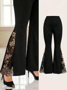 SHEIN Clasi Quần ống loe thêu sequin thời trang cỡ lớn dành cho người đi làm, quần đen thanh lịch, quần xuyên thấu, quần sequin, quần đen vàng, quần kín đáo, quần mùa hè cho nữ, quần mùa hè cho nữ, kỳ nghỉ xuân, quần mùa xuân cho nữ, lễ tốt nghiệp cho mẹ, lễ kỷ niệm, kỳ nghỉ cho nữ, kỳ nghỉ hè cho nữ, kỳ nghỉ hè, quần ống loe cho nữ, quần ống loe đen, quần ống chuông - màu đen - Xem 1