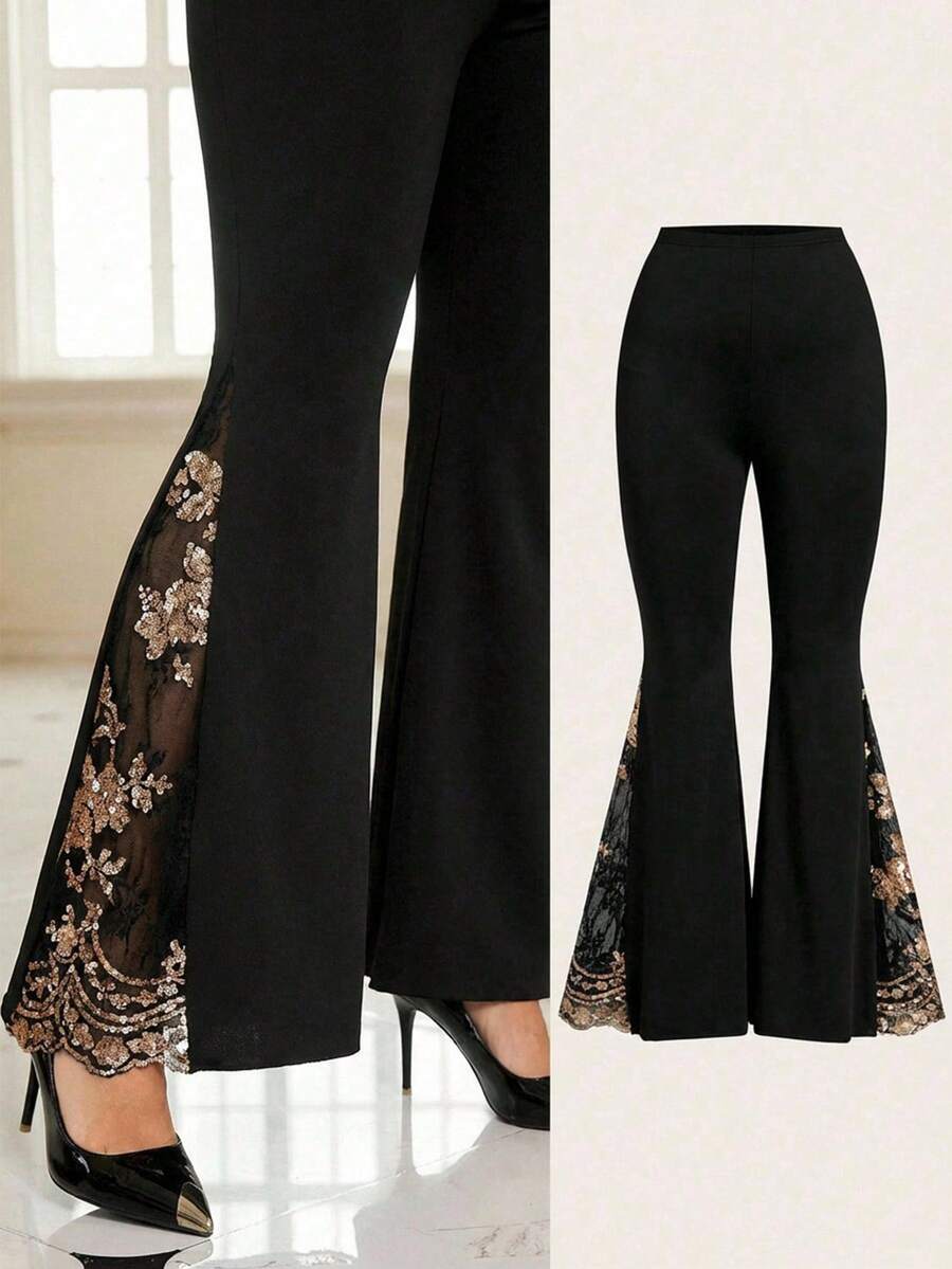 SHEIN Clasi Quần ống loe thêu sequin thời trang cỡ lớn dành cho người đi làm, quần đen thanh lịch, quần xuyên thấu, quần sequin, quần đen vàng, quần kín đáo, quần mùa hè cho nữ, quần mùa hè cho nữ, kỳ nghỉ xuân, quần mùa xuân cho nữ, lễ tốt nghiệp cho mẹ, lễ kỷ niệm, kỳ nghỉ cho nữ, kỳ nghỉ hè cho nữ, kỳ nghỉ hè, quần ống loe cho nữ, quần ống loe đen, quần ống chuông - màu đen - Xem 1