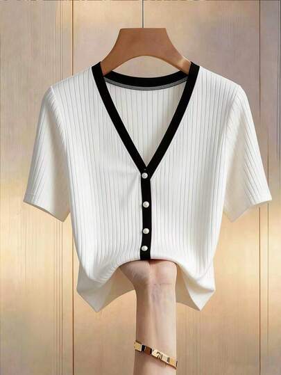 GlowEve CURVE Plus Size Contrast Color V-Neck White Ribbed Knit Short Sleeve Women Summer Fitted Slimming Chic T-Shirt