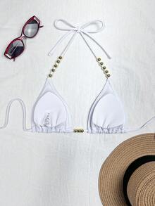 Swim Basics 女款掛脖綁帶金色珠飾三角比基尼上衣，白色夏季可愛度假泳裝，適合泳池派對 - 白色 - 查看 2