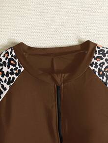 SHEIN Tween Girls Leisure Vacation Swim Summer Beach Black Patchwork Leopard Print Zipper One Piece Swimsuit, Summer Beach - Brown - View 10
