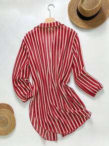 Swim SXY 女士蓝白条纹提花面料开襟衬衫领和服罩衫，春夏款 - 紅色 - 查看 5