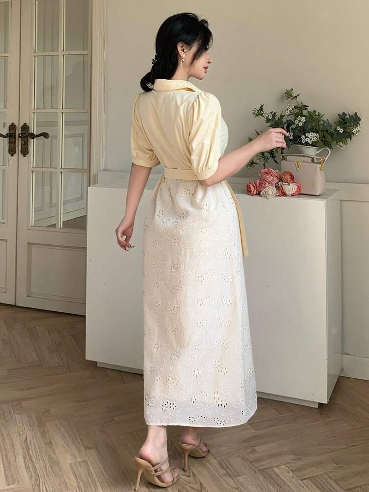 Women's Collared Color Block Embroidered Tie-Waist Midi Dress, Elegant For Party And Outings Sundress