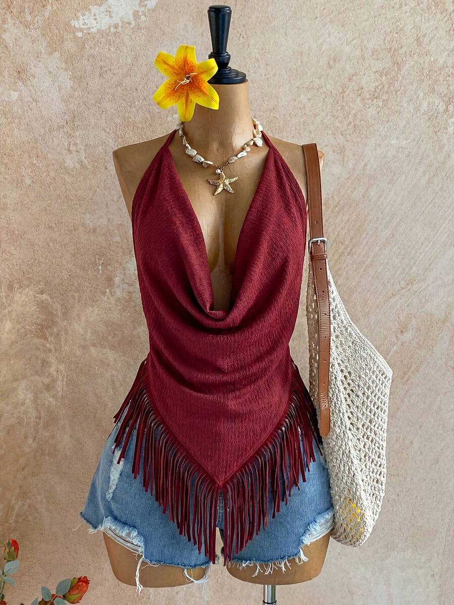 Soleia 女士休闲度假针织露背吊带背心，流苏下摆，适合海滩、约会、下午茶、婚礼季、海边、邮轮、城市度假等场合。 - 酒紅色 - 查看 1