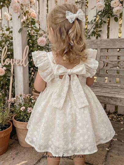 Cozy Pixies Baby Girl Floral Print Chiffon Round Neck Short Sleeve Waist Dress