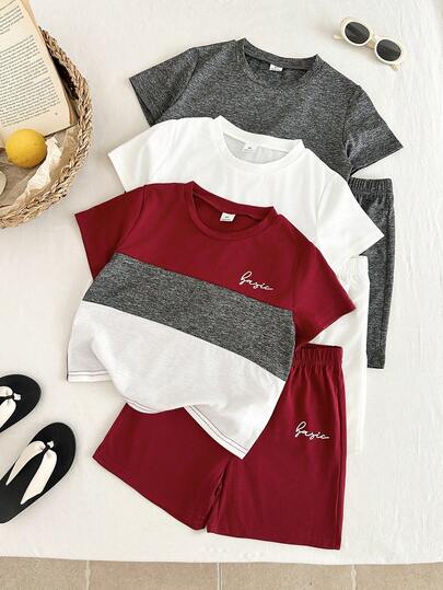 SHEIN 3pcs/Set Young Boys' Casual Style Round Neck Short Sleeve T-Shirt And Shorts Co-Ord Set, Comfortable Fabric, Suitable For Outdoor Play, Street Style, Party And Leisure