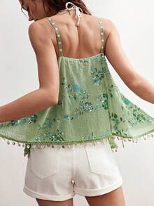 Bohemela Áo hai dây nữ họa tiết hoa đính sequin, viền bèo nhún. - Màu xanh Bạc hà - Xem 3