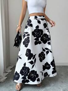 Lyxana Women Jacquard Casual Versatile Date Night Skirt - Black and White - View 5