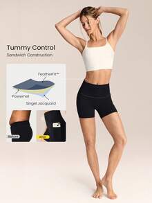 GLOWMODE Bộ đồ thể thao gồm áo thun ngắn tay trễ vai mềm mại như lụa Tencel™ Modal và quần đùi biker cạp cao 10cm FeatherFit™ ôm bụng, không đường may, thích hợp cho các hoạt động như yoga, pilates, đạp xe, chạy bộ, tập gym và các hoạt động thể thao hàng ngày. - màu đen - Xem 4