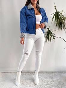 EURMUSE 100%Cotton Fuzzy Collar Flap Pocket Drop Shoulder Denim Jacket - Baby Blue - View 4