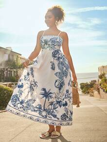 Travachic 大码女式蓝白海洋生物海星贝壳印花连衣裙，吊带收腰A字长裙，海岛度假休闲印花连衣裙，夏季中长连衣裙，蓝白吊带裙，度假连衣裙，女士吊带裙，热带印花连衣裙，波西米亚风连衣裙，女士度假连衣裙，海岛度假套装，哈瓦那套装，夏季套装，春季套装，沙滩套装 - 藍白色 - 查看 6