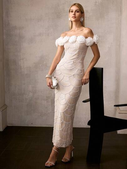 MOTF Soiréza ELEGANTES Off-Shoulder MAXIKLEID FÜR DAMEN, GLITZERNDER PAILLETTEN- & PERLENBESETZTER STOFF, 3D BLUMEN APPLIKATIONEN AM AUSSCHNITT & KÜNSTLICHE PERLEN VERZIERUNG, PERFEKT FÜR HOCHZEITEN, PREISVERLEIHUNGEN & PARTY EVENTS, SILVESTER OUTFIT, GALA DINNERS, SCHWARZE HOCHZEITEN, VALENTINSTAG PARTY OUTFITS