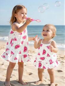 Infant Girls' Casual Watermelon Print Sleeveless Ruffle Hem Dress, Comfortable Daily Wear, Spring/Summer - Multicolor - View 7