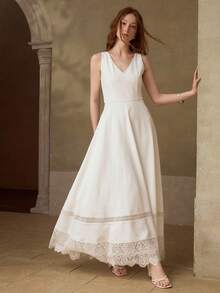 MOTF PREMIUM ĐẦM DÀI THANH LỊCH CHO NỮ, CỔ XƯA KHOÉT, KHÔNG TAY, CHẤT LIỆU REN PHỐI HỢP VÀ KHOÉT KHE. - trắng - Xem 3