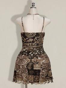 SHEIN ICON 大码女式印花褶皱波西米亚风吊带派对连衣裙 - 棕色 - 查看 2