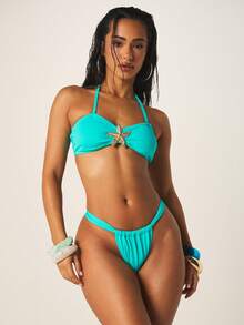 MISSGUIDED Turquoise Starfish Embellished Halter Bikini Top With Sweetheart Neckline And Adjustable Straps For Beach Vacation Summer Swimming - Teal Blue - View 3