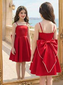 SHEIN Đầm hai dây màu đỏ trơn thanh lịch cho bé gái tuổi teen, có nơ lớn phía sau, thích hợp mặc đi dự tiệc hoặc ngày Valentine. - Đỏ - Xem 6