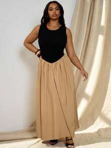 Veslaya 2026春夏新款大码女装休闲、度假、通勤无袖黑色纹理针织拼接卡其色A字长裙 - 彩色 - 查看 10