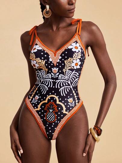 Travachic Women's Tropical Print One-Piece Swimsuit, Vacation/Beach,Beach,Beach Outfits For Women,Beach Set,Going Out,Vacation,Vacation Outfits Women,Holiday,Summer,Summer Clothes,Summer Outfits For Women,Party ,Going Out,Going Out Outfits,Casual,Elegant,Y2k,Flower,Black