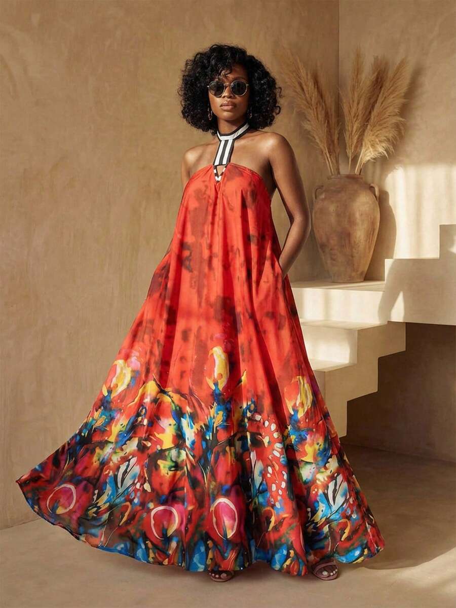 BamGleam 春季情人节新年假期新款独特设计印花彩色女式连衣裙，时尚度假装，适合旅行、度假、派对和聚会，充满激情浪漫的节日氛围。 - 彩色 - 查看 1