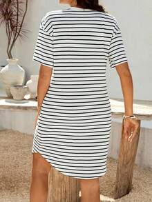 SHEIN Maternity Striped Round Neck Short Sleeve Casual Loose Dress - White - View 2
