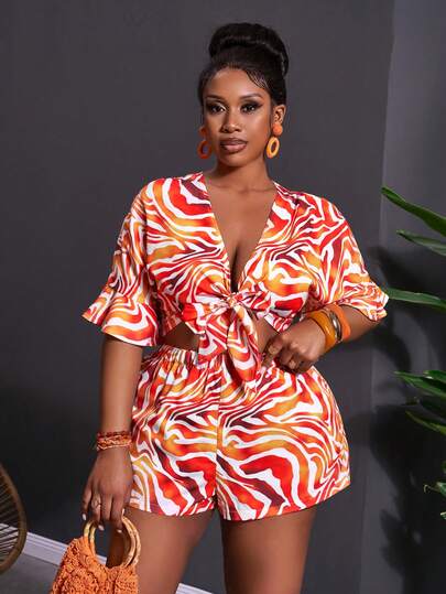 Slaydiva 2pcs/Set Colorful Wavy Print Tie Front Short Sleeve Top And Shorts Set, Casual, Commute, Vacation, Daily, Party, Beach, Cruise, Plus Size