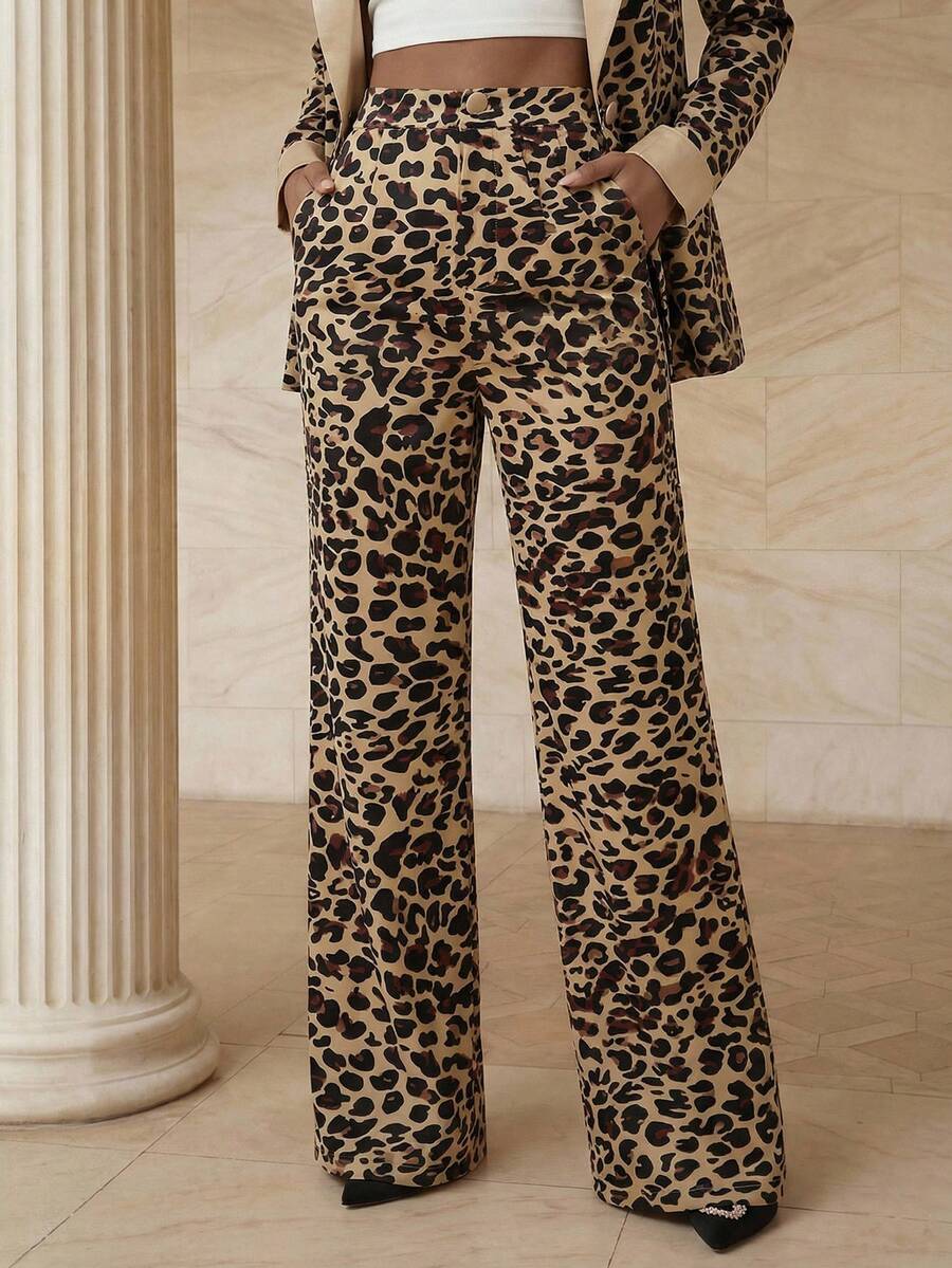 Anewsta Leopard Print Women's Suit With Contrasting Leopard Print Flare Pants, Elegant And Modern Office Attire - Brown - View 1
