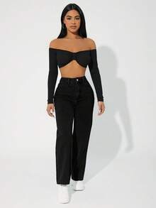 SHEIN PETITE Casual Washed High Waist Straight Leg Jeans - Black - View 5