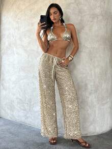 Aloruh Quần dài nữ gợi cảm xuyên thấu đính cườm thêu, lấp lánh, thích hợp cho lễ hội âm nhạc. - Rượu sâm banh - Xem 1