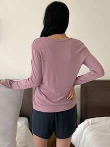DAZY Solid Color Henley Neck Top And Loose Shorts Women Pajama Set - Purple - View 2