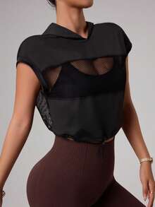 Dewbera Hollow-Out Patchwork Cropped Sweatshirt Sweatshirt - Black - View 5