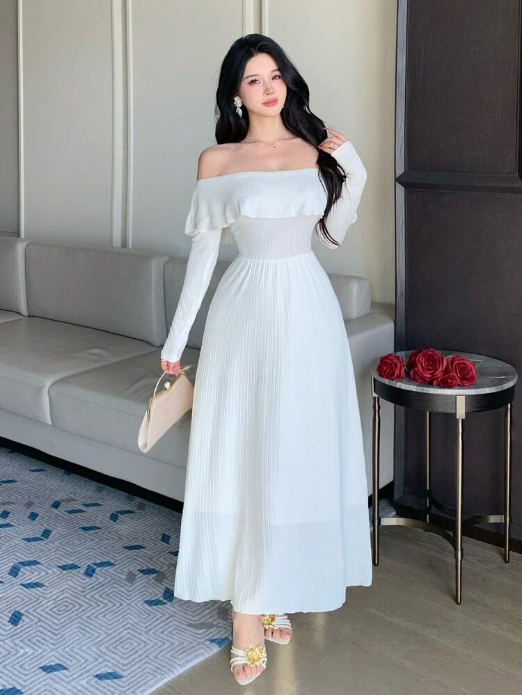 Spring & Summer White Off-Shoulder Ruffle Splice Dress, Elegant For Valentine's Day, Wedding, Party, Formal Occasion, Fashion, Waist Cinched, Long Sleeve, Midi Length Sundress