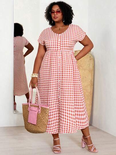 EMERY ROSE Plus Size Women's Boho V-Neck Short Sleeve Plaid Long Dress, Summer Vacation Wear,Gifts For Mother,Summer Holiday,Vacation Outfits Women,Simple And Fashionable For Everyday Wear,Vacay Vibes,Springbreak,Casual Wear SS,Bohemia,Summer Dresses For Women,Maxi Dress