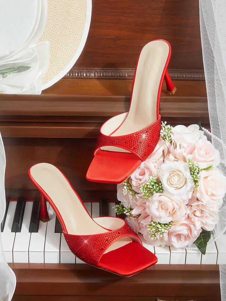 CUCCOO HITCHD New Red Thin Heel Square Toe Diamond Fashionable Versatile Women's High Heel Shoes Wedding Shoes Summer Shoes Bride Shoes